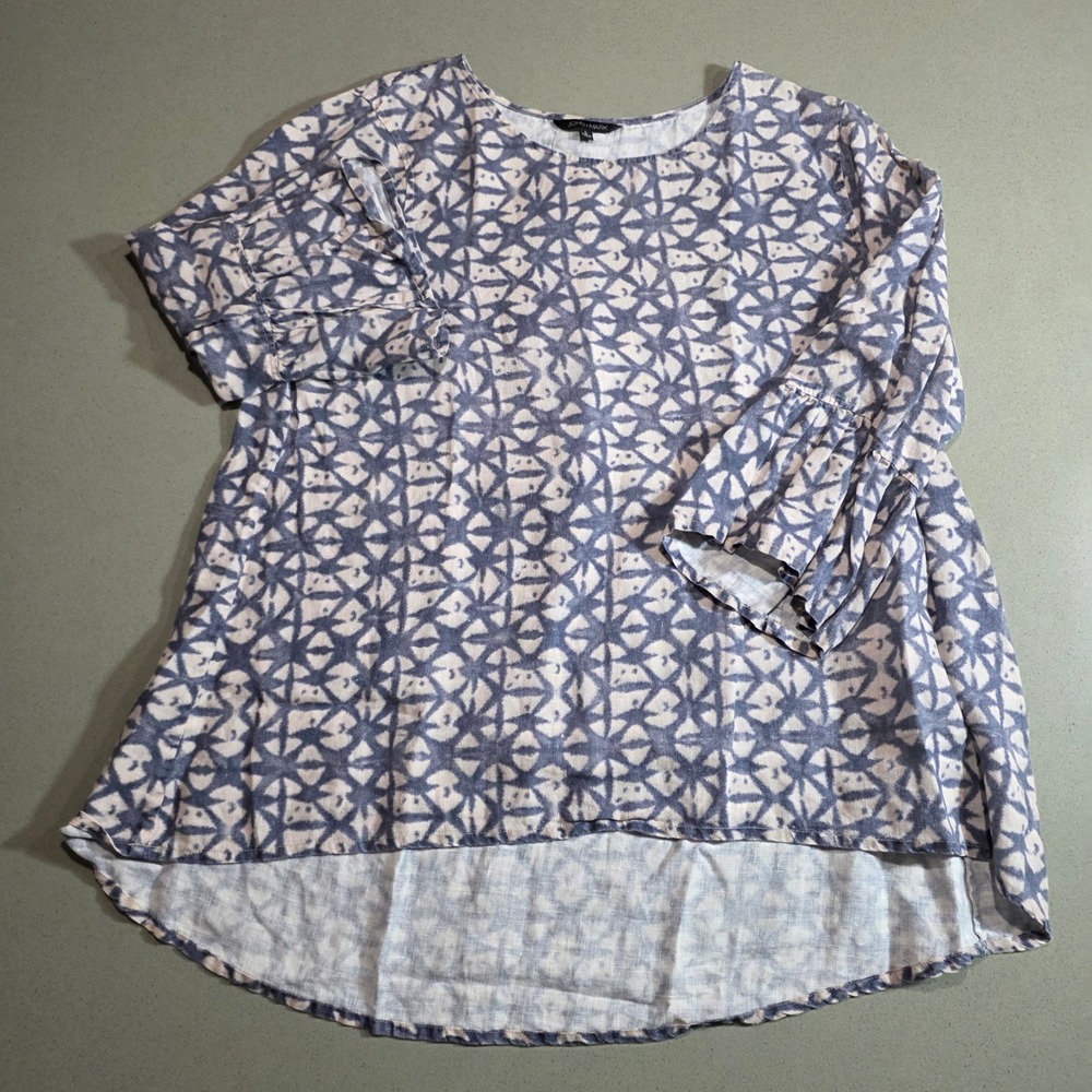 John Mark Blue White Geometric Print 100% Linen Bell Sleeve Tunic Top Large